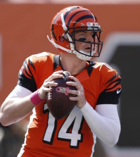 Cincinnati Bengals quarterback Andy Dalton looks to pass in the first half of an NFL football game against the Kansas City Chiefs, Sunday, Oct. 4, 2015, in Cincinnati. (AP Photo/Gary Landers)